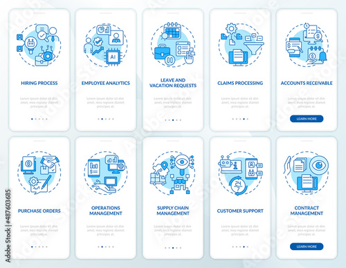 Business and banking automation blue onboarding mobile app screen set. Walkthrough 5 steps graphic instructions pages with linear concepts. UI, UX, GUI template. Myriad Pro-Bold, Regular fonts used