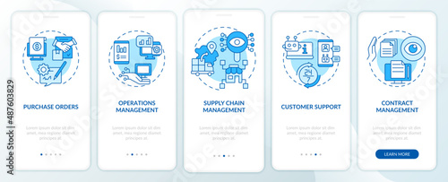 Business automation blue onboarding mobile app screen. Walkthrough 5 steps graphic instructions pages with linear concepts. UI, UX, GUI template. Myriad Pro-Bold, Regular fonts used