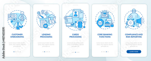 Automated banking blue onboarding mobile app screen. Autonomous operation walkthrough 5 steps graphic instructions pages with linear concepts. UI, UX, GUI template. Myriad Pro-Bold, Regular fonts used