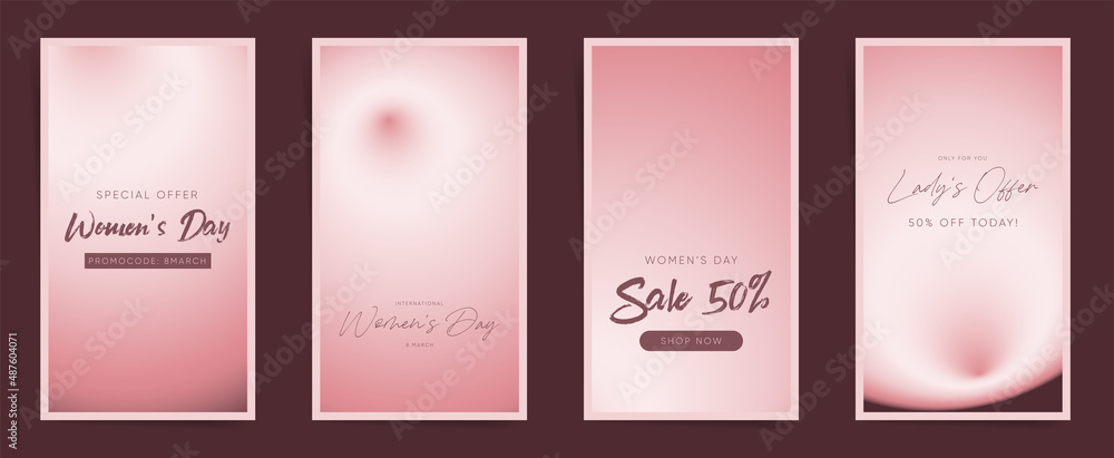 Fototapeta premium 8 March Women's day stories template set. Pale pink and brown gradient social media story concept background with blurry soft gradient for cute sale marketing offer