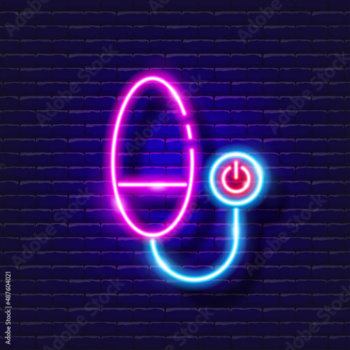 Vibrating egg neon icon. Sex shop concept. Toys for adults. Gadgets for love. Vector sign for design, website, signboard, banner, advertisement.