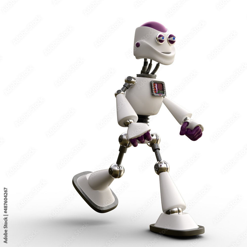 3D-illustration of a cute and funny walking cartoon robot. isolated rendering object 3D-illustration of a cute and funny walking cartoon robot. isolated rendering object