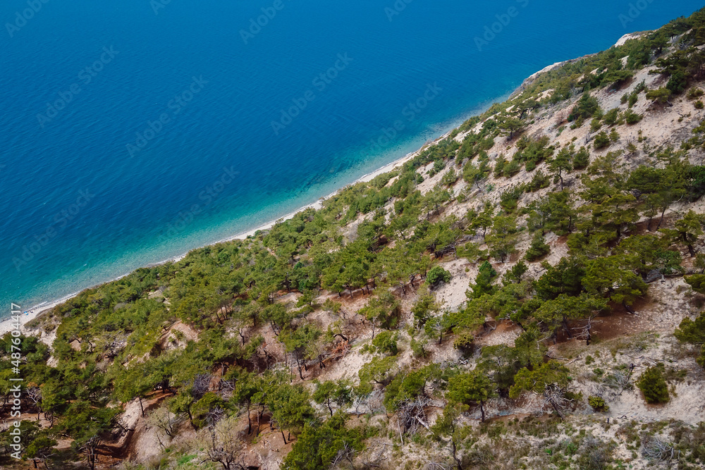 Aerial view of coastline with pine trees and transparent sea. Summer day at Black sea