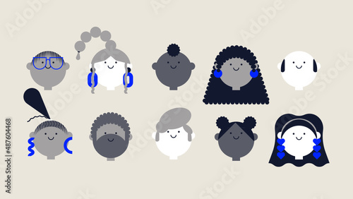 Set of portraits of people - drawn with flat style vector design vector concept illustration of young men and women, babies and adults men and women. Faces of avatars. Flat style vector simple icons