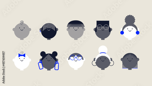 Set of portraits of people - drawn with flat style vector design vector concept illustration of young men and women, babies and adults men and women. Faces of avatars. Flat style vector simple icons