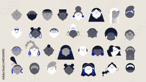 Set of portraits of people - drawn with flat style vector design vector editable illustration of young men and women, babies cutes. Faces of avatars. Flat style vector simple icons