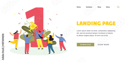 Business team taking first place and winning trophy. Flat vector illustration. Cartoon employees rejoicing at victory in competition, prize won, best result. Success, challenge, game, award concept