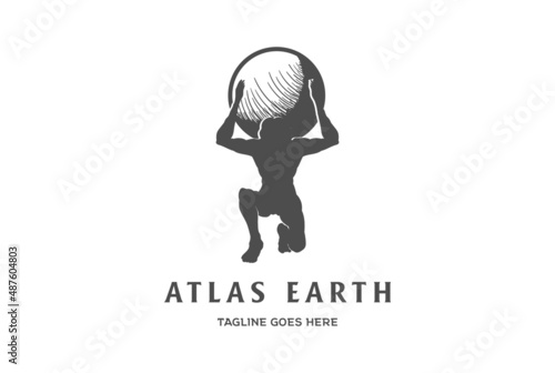 Vintage Ancient Strong God Atlas Statue Silhouette with Earth Globe World Logo Design Inspiration