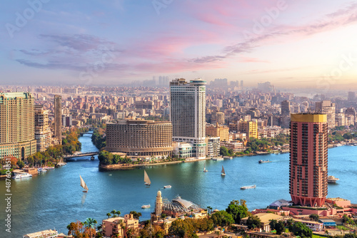 Obraz na płótnie Skyline over the Nile in Cairo before sunset, aerial view, Egypt w salonie