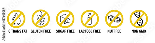common allergens vector icon set. zero trans fat, gluten free, Sugar free, Lactose free, nuts free, Non GMO 