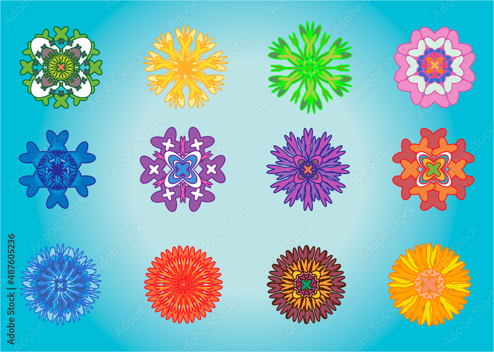 Flowers isolated on light blue background. Set of colorful flowers icons. Flowers in a flat style Flowers isolated on light blue background. Set of colorful flowers icons. Flowers in a flat style