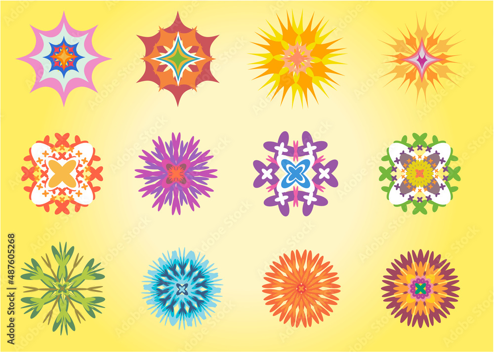 Set of flat flowers icons in silhouette isolated on light yellow background. Simple retro illustrations of bright colors for stickers, labels, tags, gift wrapping paper. Colored flowers