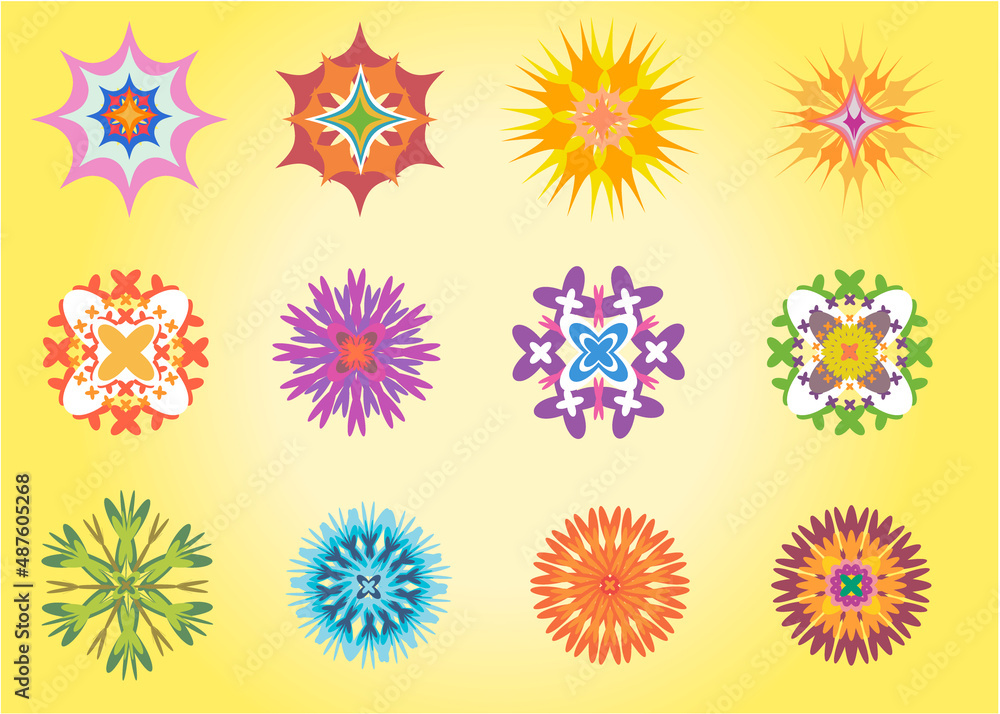 Set of flat flowers icons in silhouette isolated on light yellow background. Simple retro illustrations of bright colors for stickers, labels, tags, gift wrapping paper. Colored flowers Set of flat flowers icons in silhouette isolated on light yellow background. Simple retro illustrations of bright colors for stickers, labels, tags, gift wrapping paper. Colored flowers