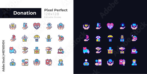 Donation opportunities pixel perfect light and dark theme color icons set. Giving items away. Charitable organization. Simple filled line drawings. Bright cliparts on white and black. Editable stroke