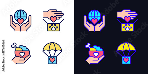 Helping others pixel perfect light and dark theme color icons set. Charitable organization. Animal donation. Simple filled line drawings. Bright cliparts on white and black. Editable stroke