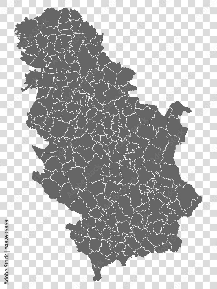 Blank map Serbia. Municipalities of Serbia map. High detailed gray vector map Republic of Serbia  on transparent background for your web site design, logo, app, UI. Stock vector. EPS10. 
