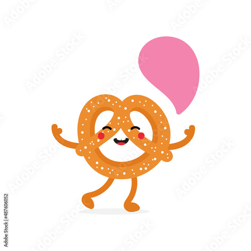 Cute cartoon style smiling pretzel, knot-shaped baked pastry character with empty, blank speech bubble.
