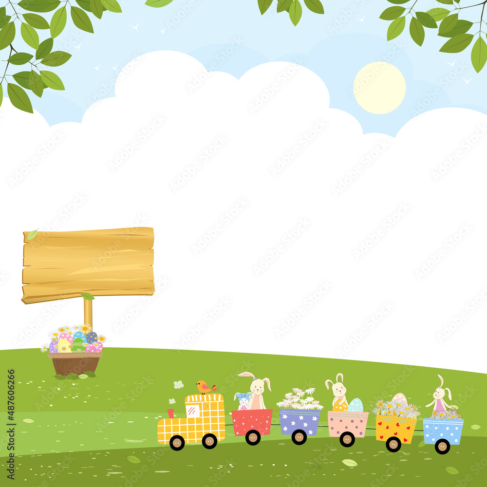 Easter greeting card, Spring background with bunny hunting Easter eggs and train carrying eggs on hills, Vector Cute cartoon rabbits picking flowers and playing on grass field.Banner for Summer time Easter greeting card, Spring background with bunny hunting Easter eggs and train carrying eggs on hills, Vector Cute cartoon rabbits picking flowers and playing on grass field.Banner for Summer time