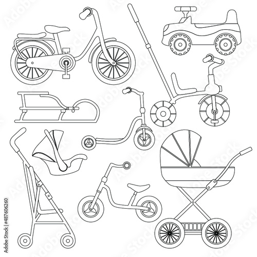 Set of transport for children: baby carriage, pushchair, car seat, baby car, bicycle, kick scooter, balance-bike, sled. Outline drawing. Coloring book photo