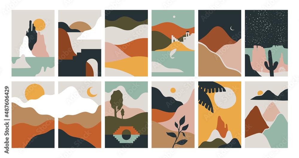 Big set of abstract mountain landscape banner collection. Trendy flat style cartoon backgrounds of diverse vintage travel scenery. Nature environment, winter biome, multicolor hills, desert dunes.