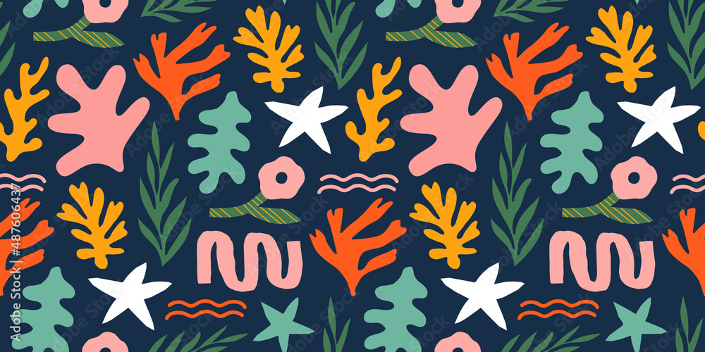 Abstract matisse inspired seamless pattern with colorful freehand doodles. Organic flat cartoon background, simple random shapes in bright childish colors. Abstract matisse inspired seamless pattern with colorful freehand doodles. Organic flat cartoon background, simple random shapes in bright childish colors.