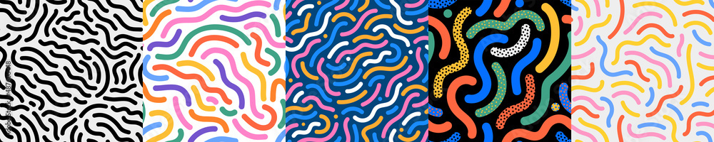 Colorful line doodle seamless pattern set. Creative minimalist style art background collection, trendy design with basic shapes. Modern abstract color backdrop. - obrazy, fototapety, plakaty 