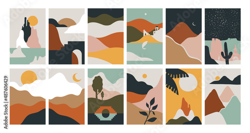 Big set of abstract mountain landscape banner collection. Trendy flat style cartoon backgrounds of diverse vintage travel scenery. Nature environment, winter biome, multicolor hills, desert dunes. photo