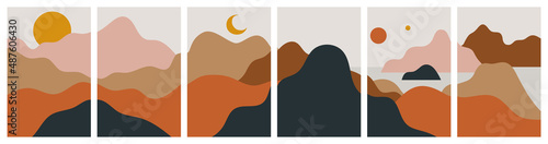 Set of abstract flat wavy mountain landscape on isolated background. Modern nature environment banner collection, contemporary panoramic frame bundle.
