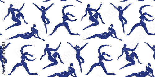 Abstract blue women seamless pattern. Background illustration of flat cartoon woman figures, young vintage matisse art female wallpaper. Backdrop design for fashion fabric or modern trend print.