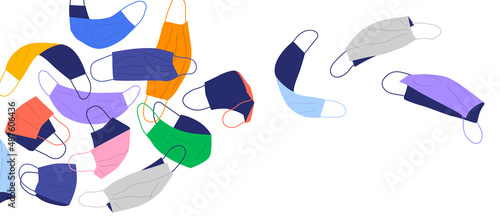 Colorful disposable face mask cartoon on isolated background. Modern coronavirus prevention masks flying in wind for medical health care or littering concept.