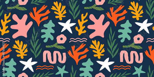 Abstract matisse inspired seamless pattern with colorful freehand doodles. Organic flat cartoon background, simple random shapes in bright childish colors. 