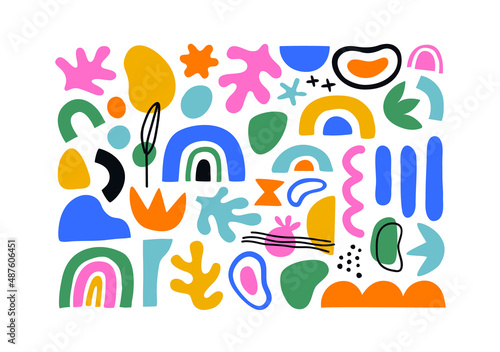 Colorful organic shape doodle collection. Funny basic shapes, random childish doodle set of leaf, rainbow and decorative abstract art on isolated background.
