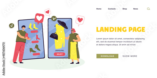 Customers using mobile app to buy clothes in online shop. People shopping in internet store on huge phones flat vector illustration. Ecommerce, online shopping, social media concept for banner