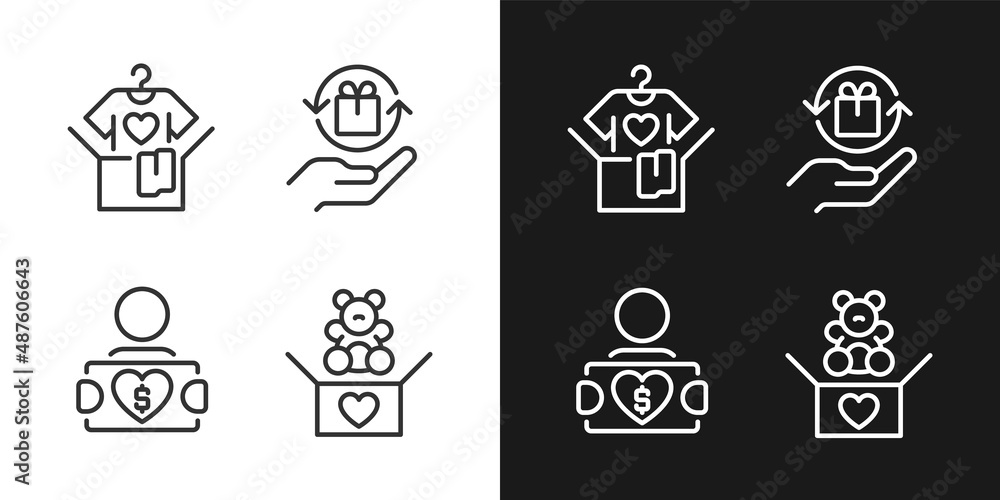 Donating used goods pixel perfect linear icons set for dark, light mode. Second hand clothes. Charitable group. Thin line symbols for night, day theme. Isolated illustrations. Editable stroke