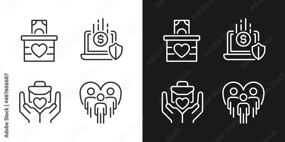 Fundraising strategy pixel perfect linear icons set for dark, light mode. Money donation. Social responsibility. Thin line symbols for night, day theme. Isolated illustrations. Editable stroke