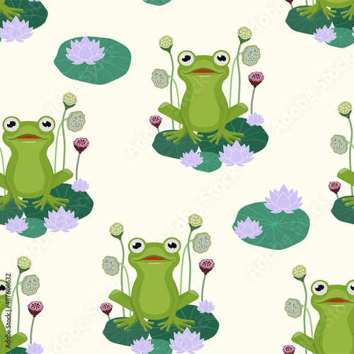 Frog pattern with plants. Vector seamless texture.