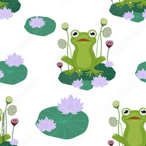 Frog pattern with plants. Vector seamless texture.