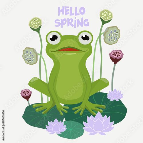 Funny vector illustration with frog and water lilies. Beautiful template for a card.