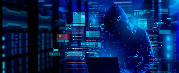 cybersecurity vulnerability Log4J and hacker,coding,malware concept.Hooded computer hacker in cybersecurity vulnerability Log4J on server room background.metaverse digital world technology.