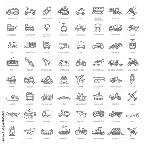 Transport  vehicle and delivery elements - minimal thin line web icon set