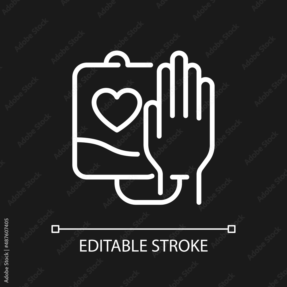 Obraz premium Blood donation pixel perfect white linear icon for dark theme. Charitable contribution. Voluntary procedure. Thin line illustration. Isolated symbol for night mode. Editable stroke. Arial font used