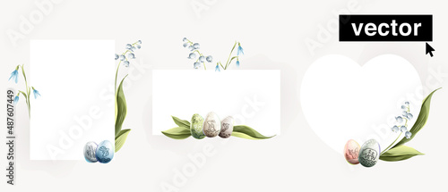 Set of rectangular, heart-shaped, and circle frames with Easter eggs with Scandinavian animals patterns, with lily leaves, and snowdrop flowers.