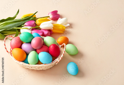 Colorful tulips and Easter eggs