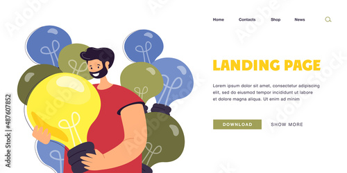 Happy male cartoon character holding huge lightbulb. Creative young man searching for new ideas flat vector illustration. Brainstorm, creativity concept for banner, website design or landing web page