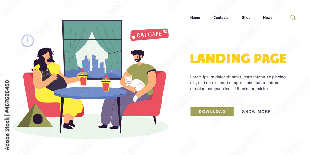 Happy couple sitting in cat cafe together. Young man and woman with adorable pets on laps flat vector illustration. Pet therapy, domestic animals concept for banner, website design or landing web page Happy couple sitting in cat cafe together. Young man and woman with adorable pets on laps flat vector illustration. Pet therapy, domestic animals concept for banner, website design or landing web page