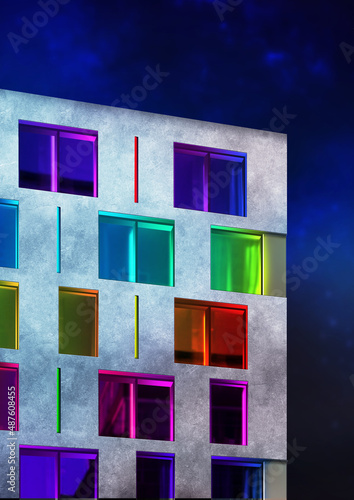 Facade Architectural Building Night Scene Using Colorful LED Lights