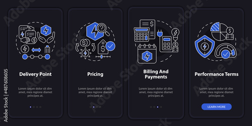 PPA sales night mode onboarding mobile app screen. Financial terms walkthrough 4 steps graphic instructions pages with linear concepts. UI, UX, GUI template. Myriad Pro-Bold, Regular fonts used