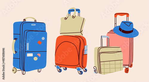 Various luggage bags, suitcases, baggage, travel bags. Vacation, travel, holiday concept. Hand drawn Vector set. Colorful trendy illustration. Cartoon style. Flat design. All elements are isolated photo