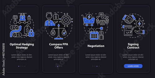 PPA work night mode onboarding mobile app screen. Electric energy walkthrough 4 steps graphic instructions pages with linear concepts. UI, UX, GUI template. Myriad Pro-Bold, Regular fonts used