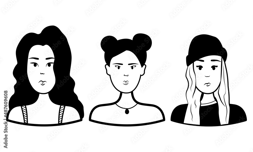 Doodle set people face. Three girls. Vector outline. Black and white illustration Doodle set people face. Three girls. Vector outline. Black and white illustration